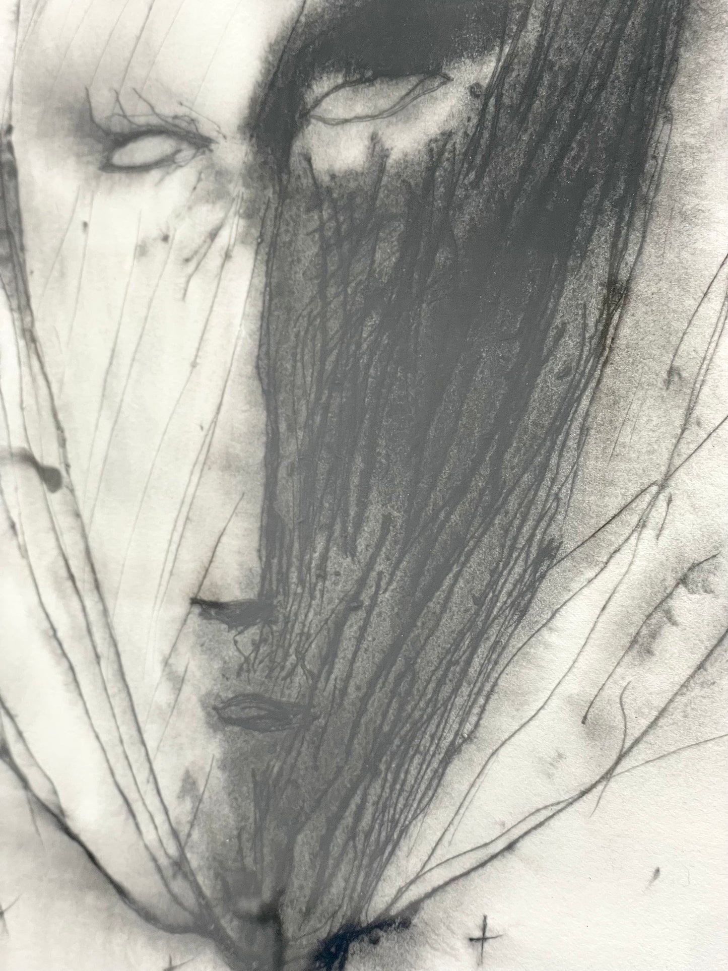 Visage en mouvement, encre et fusain sur papier